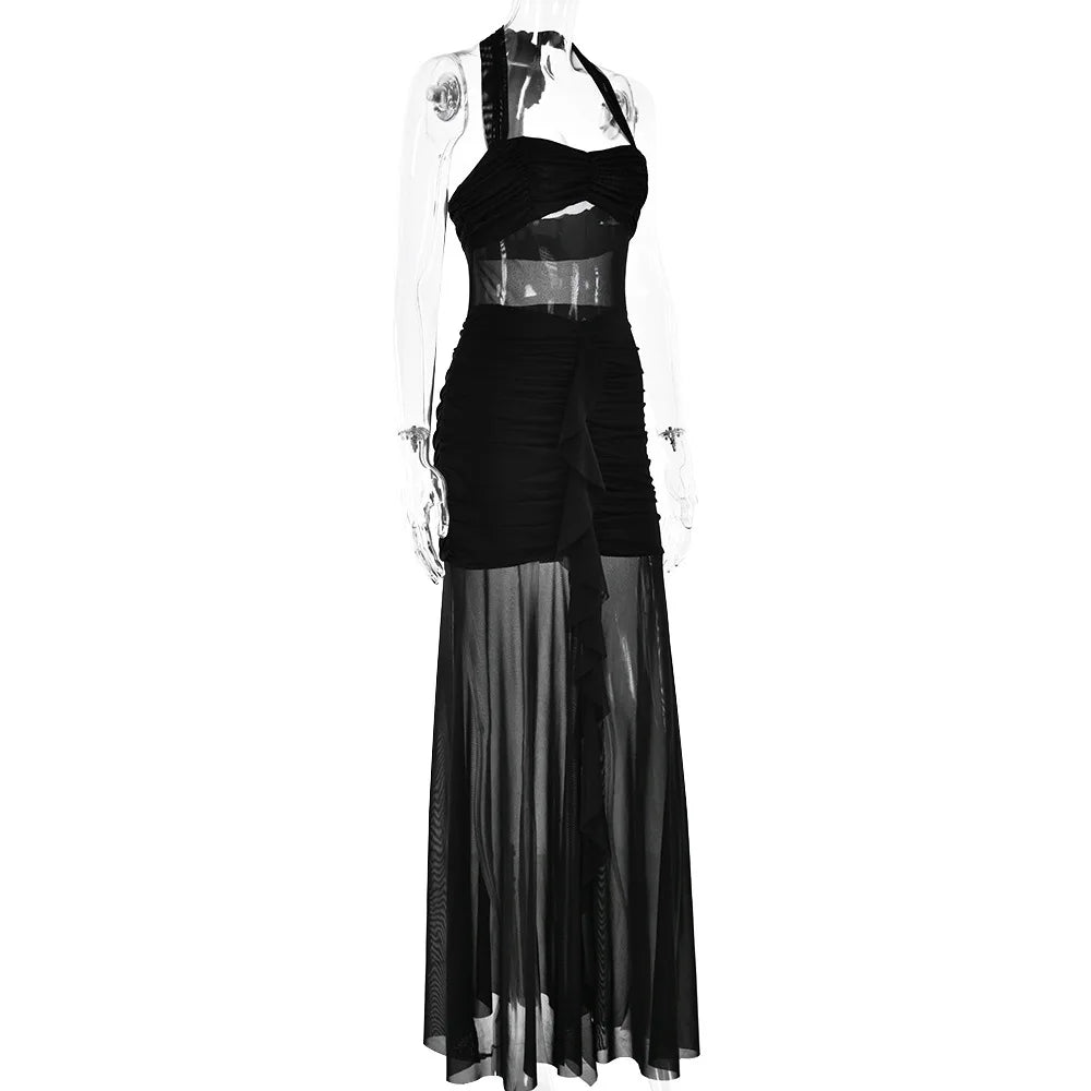 שמלת מקסי שיפון בעיטור כיווצים ומלמלה קשירה בצוואר - שלי