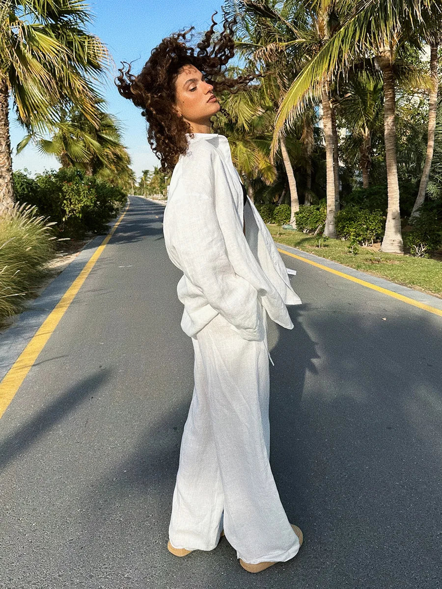 חליפת פשתן 2 חלקים חולצה ומכנסיים ארוכים - צוף