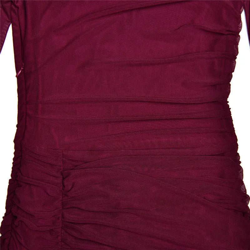 שמלת מיני קיפולים צווארון גולף שרוולי שיפון פעמון -  NARA