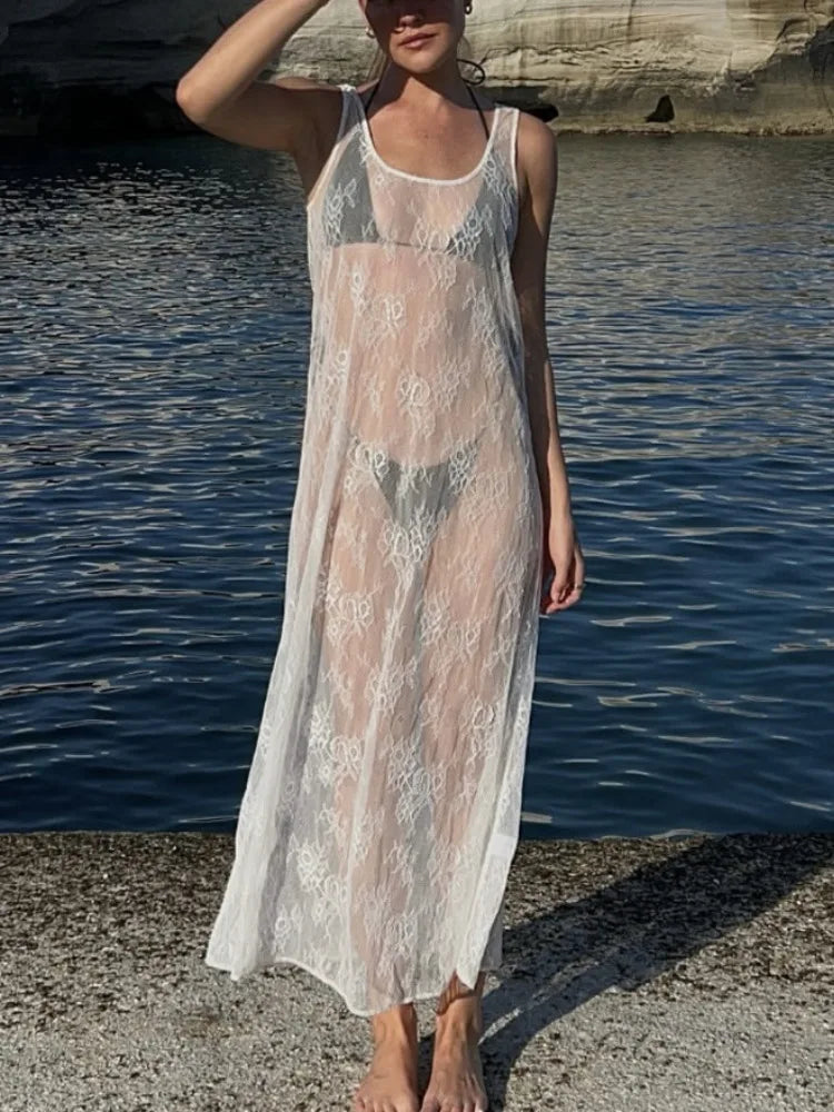 שמלת מקסי חוף תחרה שקופה - Sasha