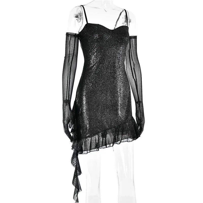 שמלת מיני נצנצים בעיצוב מלמלה בעיטור כפפות תואמות - ברוק