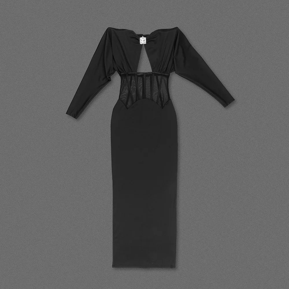 Maxi dress with a slit design and a mesh bodice with a diamond buckle - AMOR