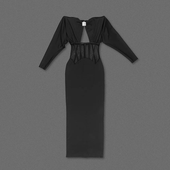 Maxi dress with a slit design and a mesh bodice with a diamond buckle - AMOR