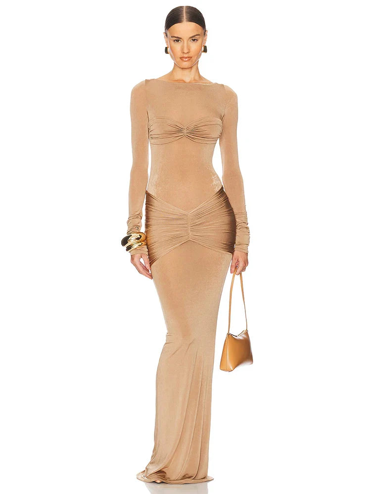 שמלת מקסי צמודה בעיצוב כיווצים בד מבריק - אורי