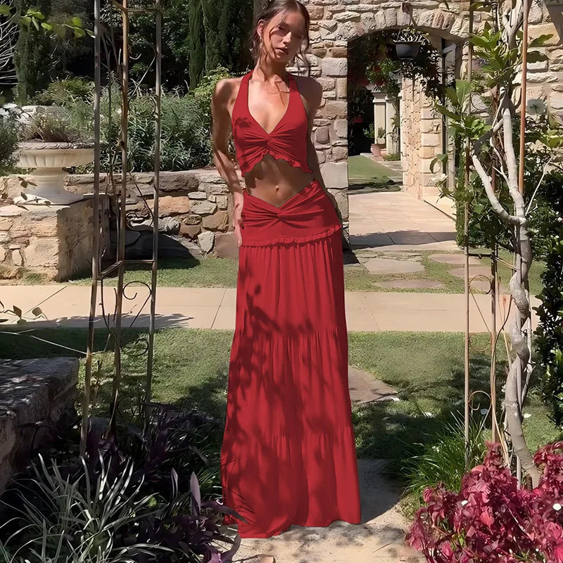 סט שני חלקים חצאית מקסי וטופ קשירה בצוואר - לורנזה