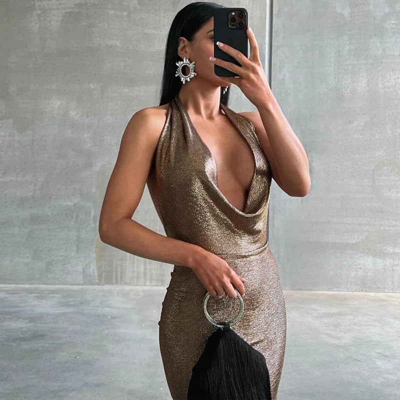 שמלת מקסי צווארון נופל גב פתוח - זינה