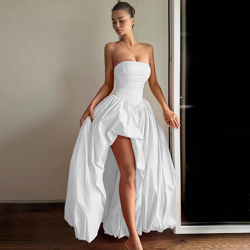 שמלת מקסי סטרפלס בלון בעיצוב שסע - אוקיאנה