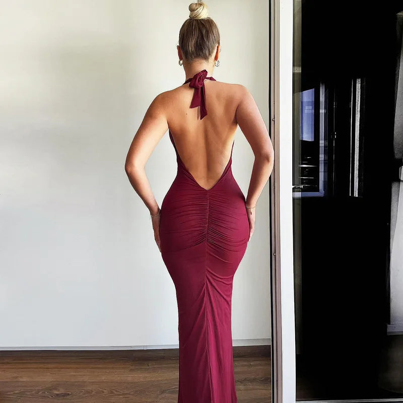 שמלת מקסי אלגנטית קשירה בצוואר גב פתוח - הלאני