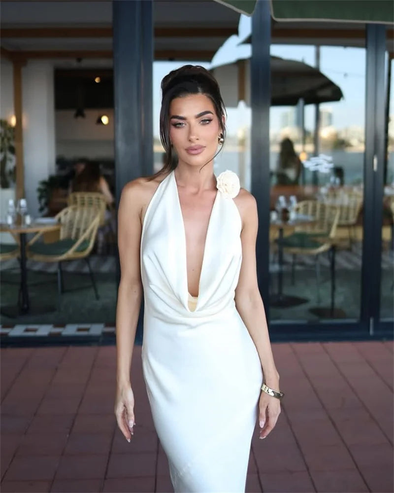 שמלת מקסי סאטן גב פתוח צווארון נופל - פאולה