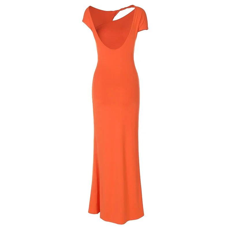 שמלת מקסי גב פתוח בעיטור אבזם פרח - מרינה