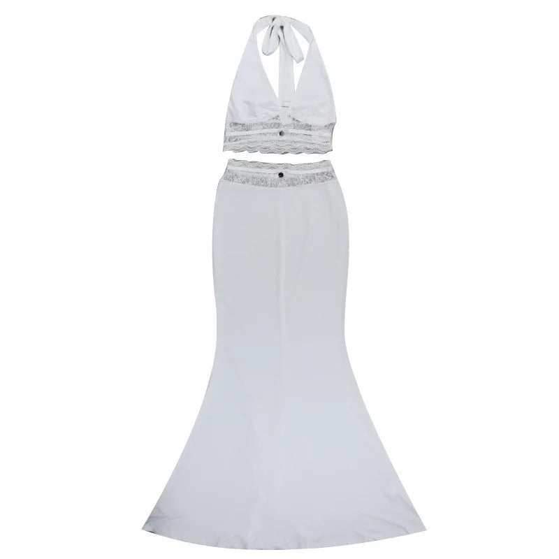 סט שני חלקים חצאית וטופ קשירה בעיטור תחרה - אנג'לין