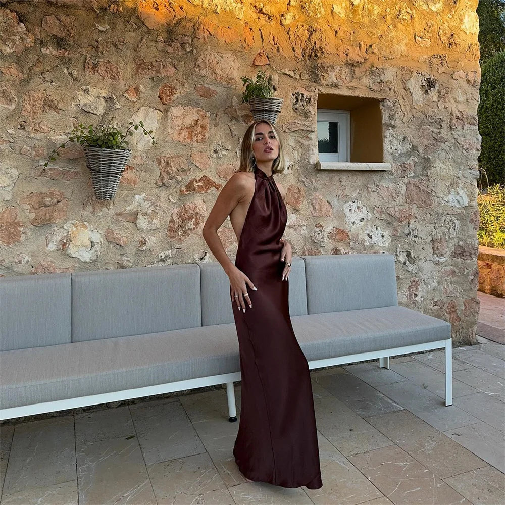 שמלת מקסי סאטן קולר גב פתוח - NURA