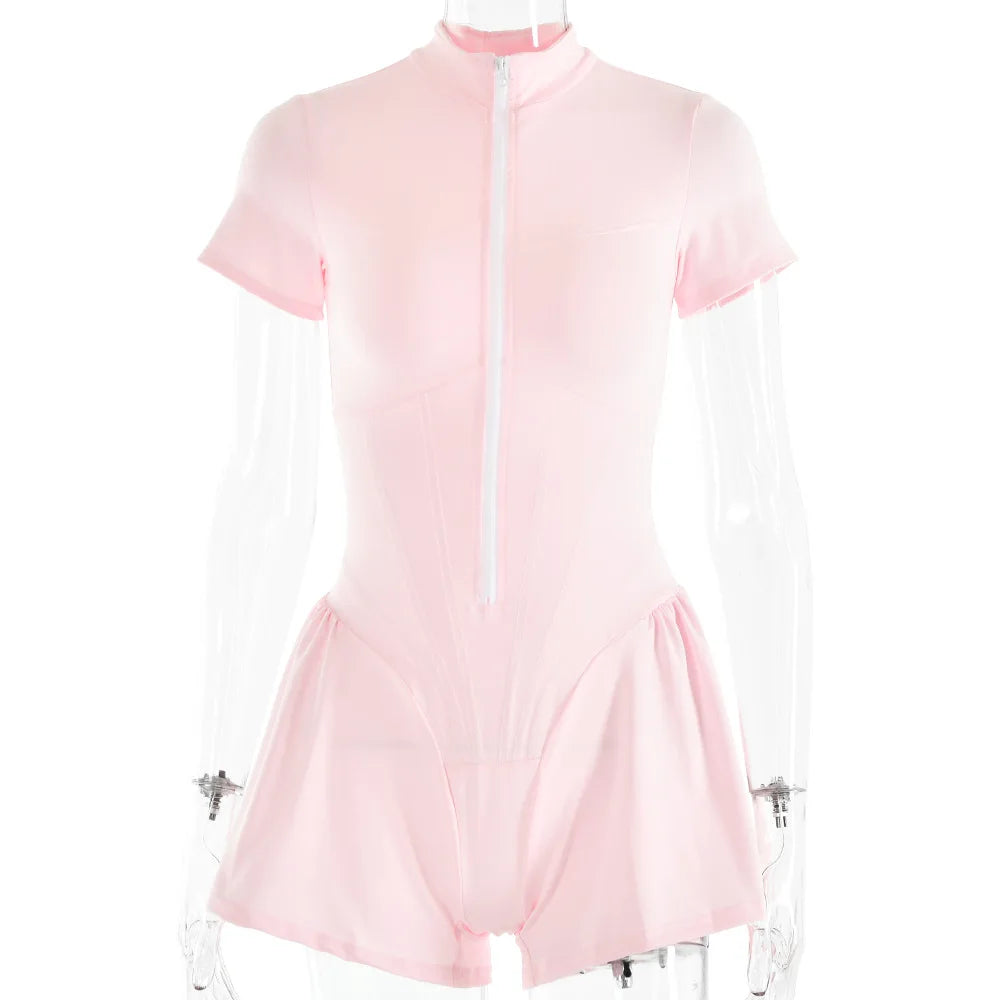 אוברול ספורטיבי קצר בגזר מחוך סגירת רוכסן קדמי - Averie