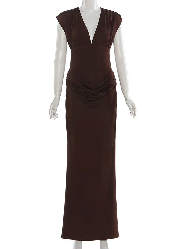 Maxi dress with pleats and gathers, V-neckline - Pearly