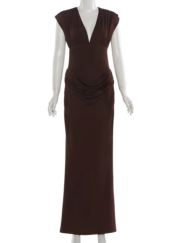 Maxi dress with pleats and gathers, V-neckline - Pearly