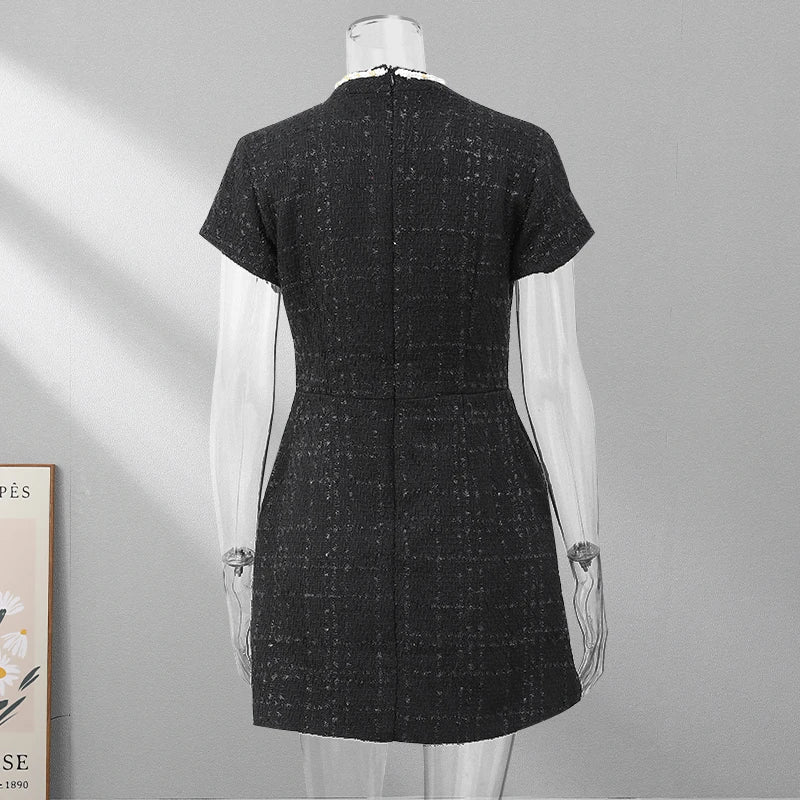 שמלת מיני אלגנטית שרוול קצר/ארוך סגנון מחויט בד ארוג בעיטור נצנצים ופנינים - Lucia