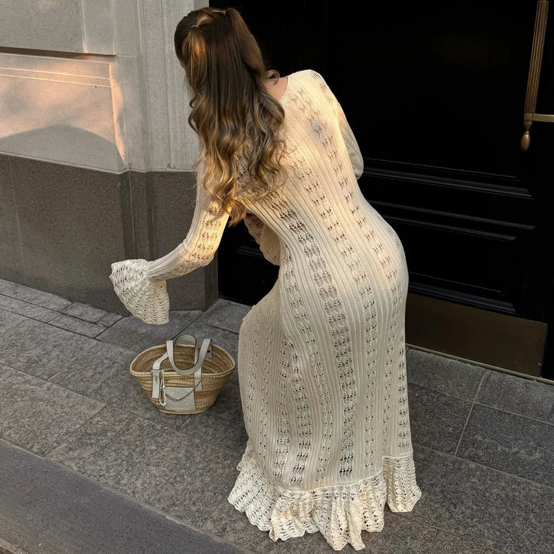 שמלת / עליונית מקסי קרושה סרוגה סגירת כפתורים - דוון