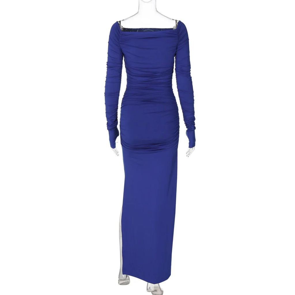 שמלת מקסי כיווצים בעיטור שסע - MARINA