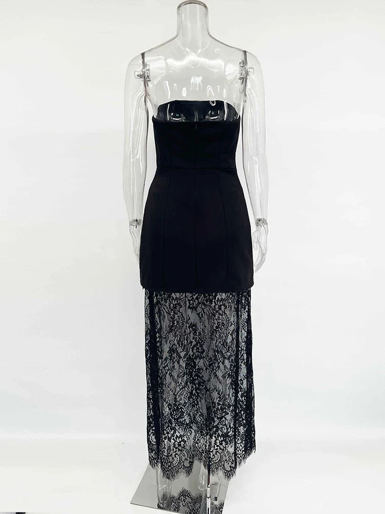 סט שני חלקים אלגנטי טופ סטרפלס וחצאית מקסי תחרה - ג'ולין