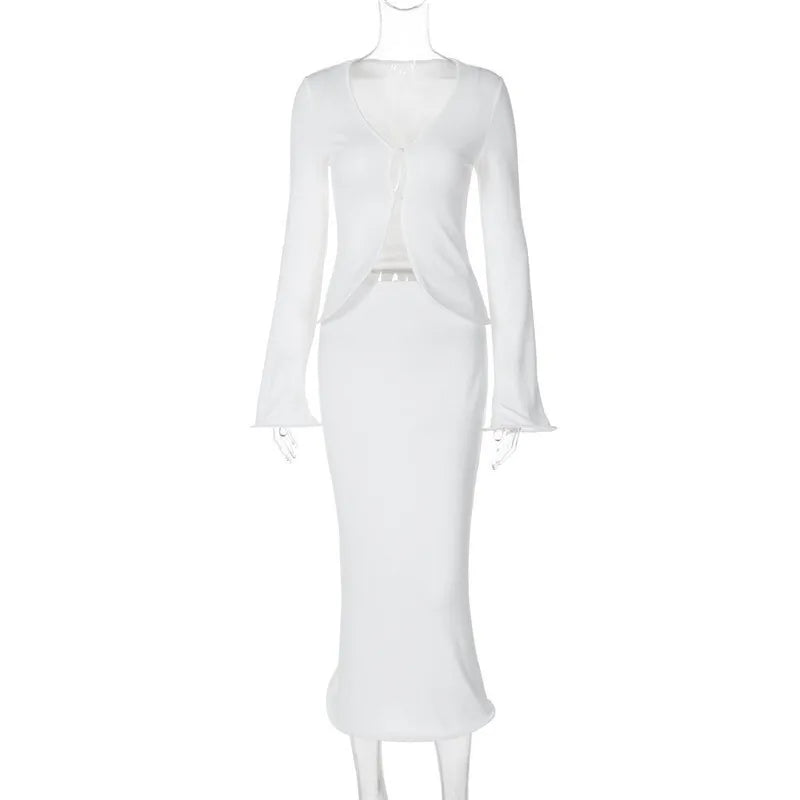 סט שני חלקים סרוג חולצה בסגירת כפתורים וחצאית מקסי - PARIS