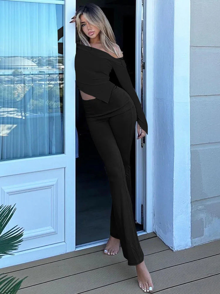 חליפת שני חלקים סרוגה חולצת כתפיים חשופות בגזרה אסימטרית ומכנסיים ארוכים - ROZIE