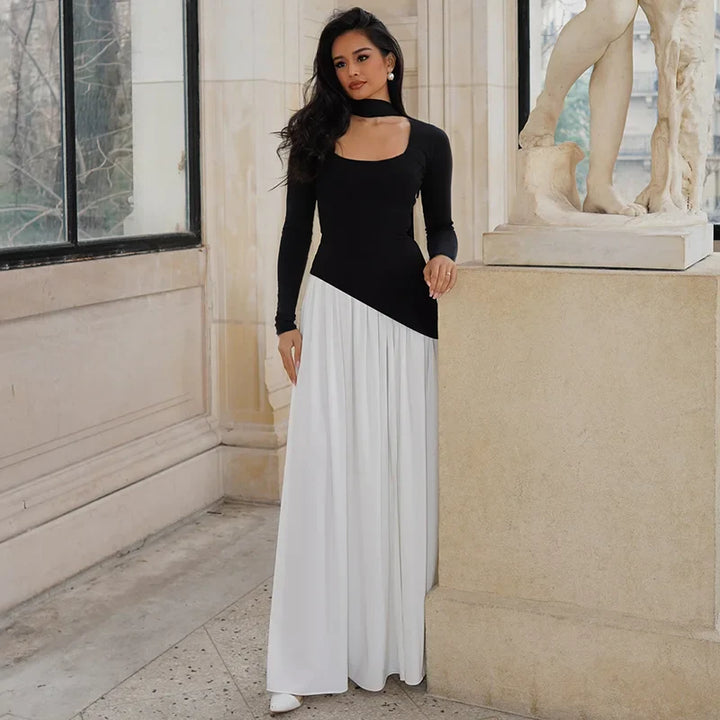 Elegant maxi dress with a slit design and a scarf decoration - RONA LI