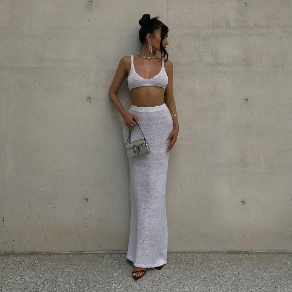 סט שני חלקים סרוג טופ וחצאית מקסי - שלבי