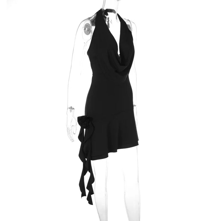 Ruffle mini dress with draped collar and flower detail - MARIELLA