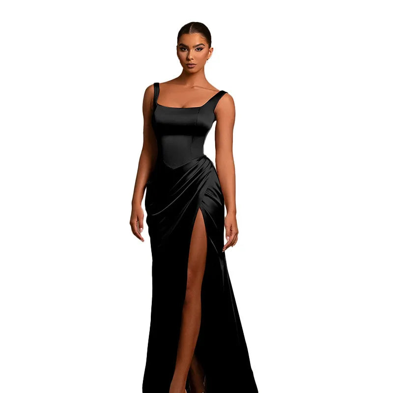 שמלת מקסי סאטן אלגנטית בעיצוב שסע - רוזה