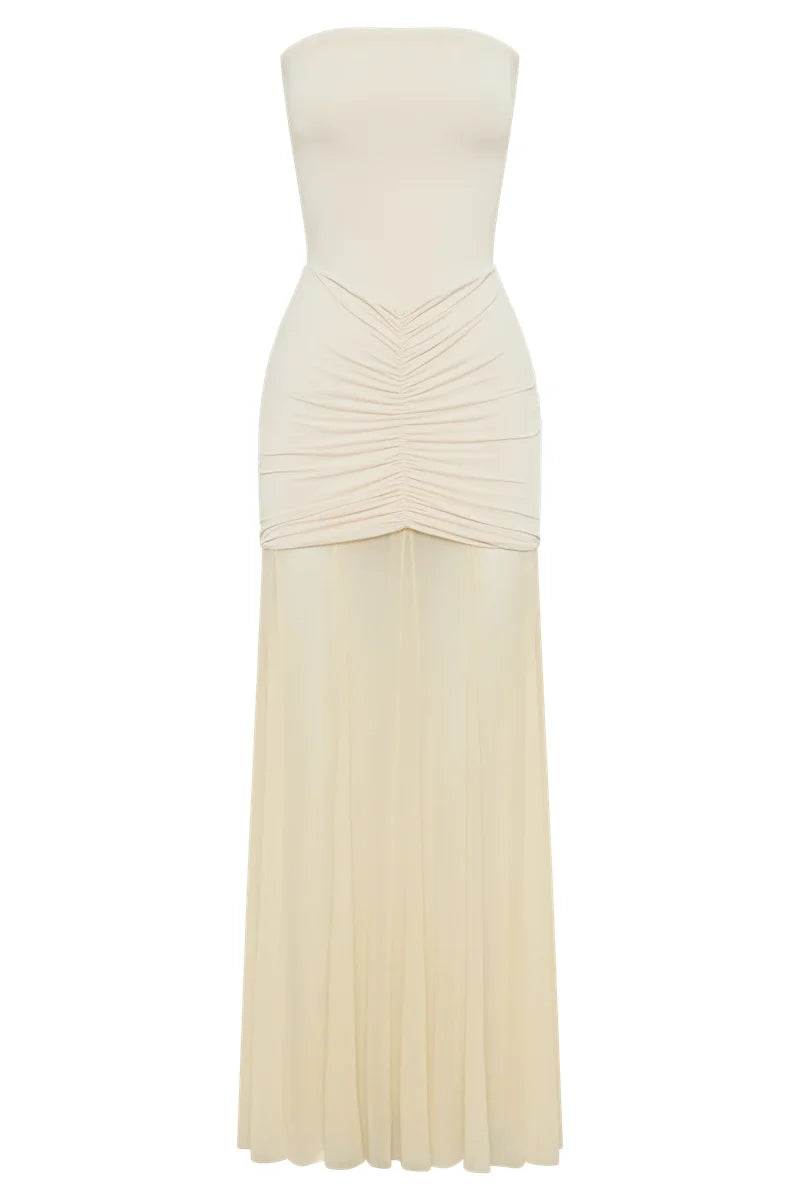 שמלת שיפון מקסי כיווצים בעיצוב כתפיים חשופות - Delilah