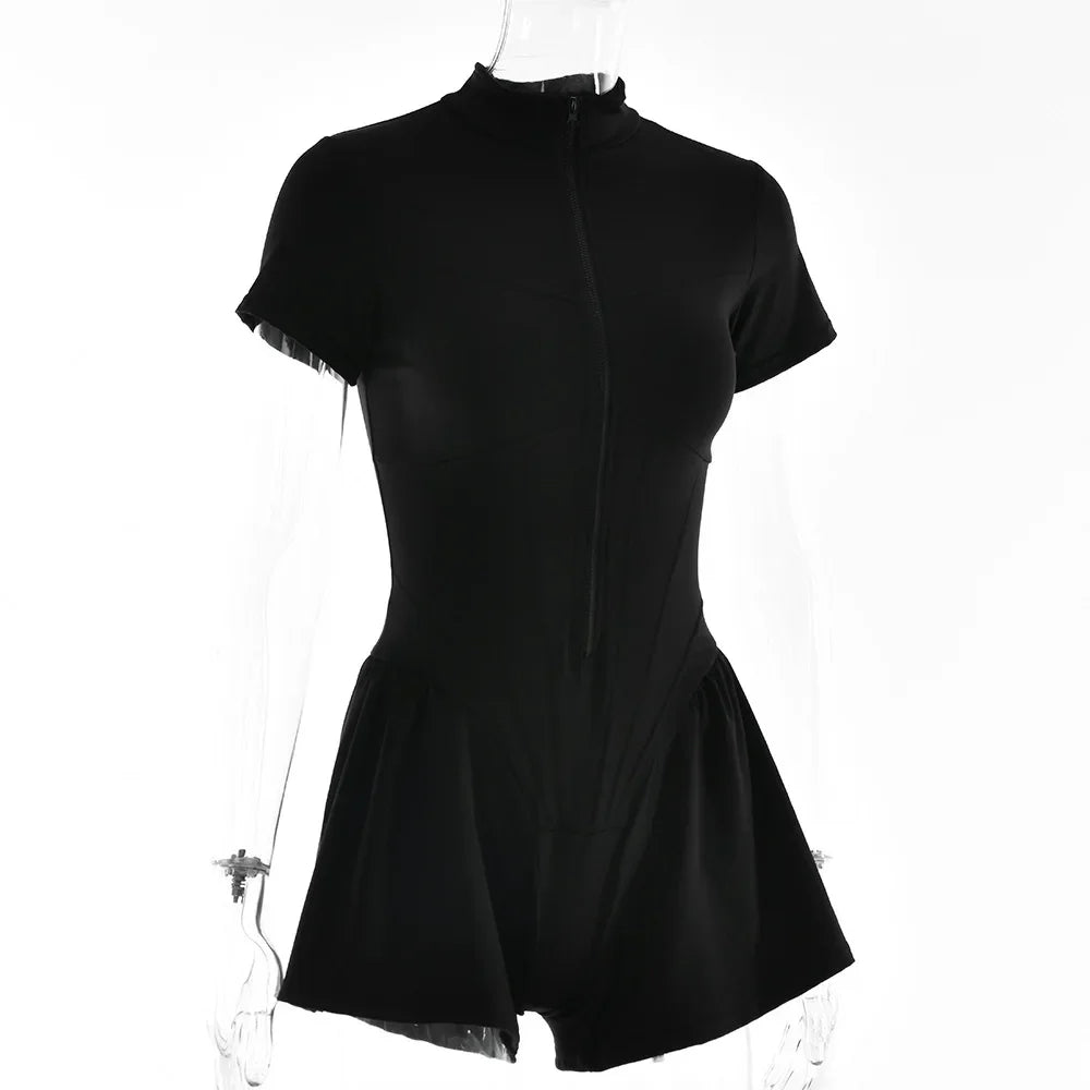 אוברול ספורטיבי קצר בגזר מחוך סגירת רוכסן קדמי - Averie