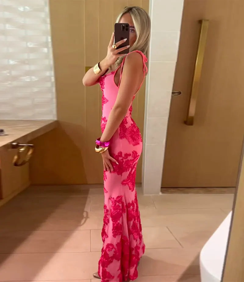 שמלת מקסי קשירה בכתפיות בעיטור רקמת פרחים - מיכל