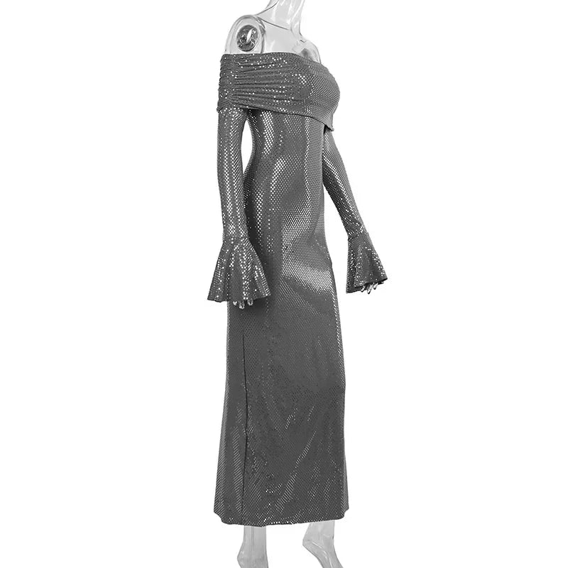 שמלת מקסי כתפיים חשופות בעיטור נקודות מנצנצות - LENA