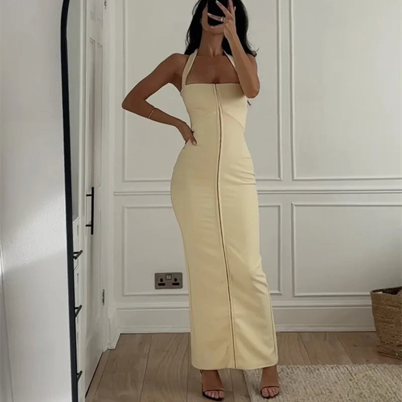 שמלת מקסי צמודה סגירת סיכות גב פתוח - Natasha