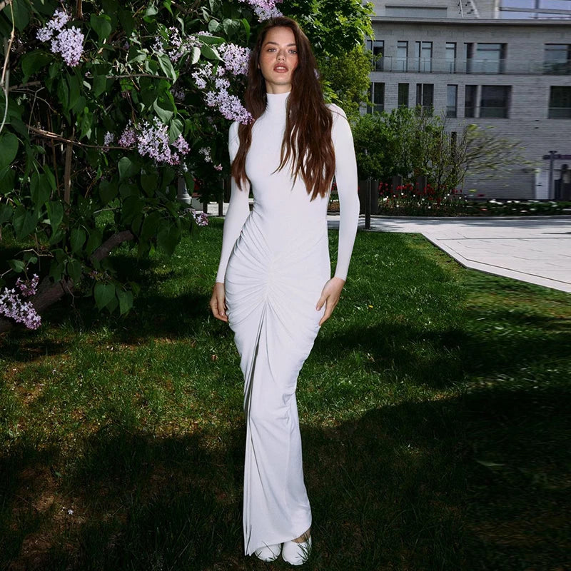 שמלת מקסי כיווצים צווארון גולף בעיטור שסע - Brianna