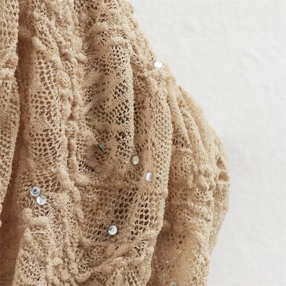 סט שני חלקים טופ כתפייה אחת וחצאית מידי בעיצוב קפלים תחרה בעיטור זרקונים - MELLISA