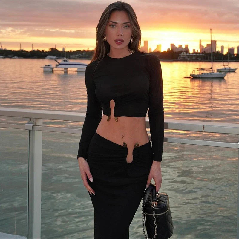 סט שני חלקים חולצת טופ וחצאית מקסי בעיצוב אבזם - ג'סיקה