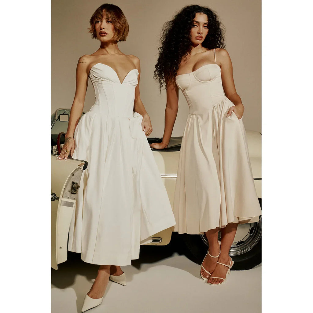 שמלת מידי סטרפלס בשילוב כיסים - פאני