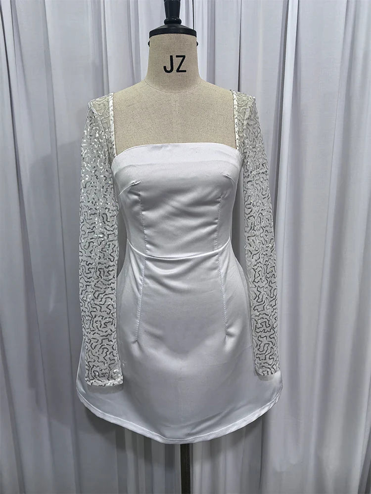 שמלת מיני סאטן בעיצוב שרוולי רשת בעיטור נצנצים - Amara