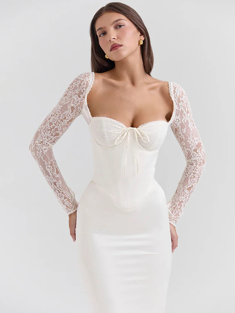 שמלת מקסי סאטן בעיצוב מחוך בעיטור תחרה - ג'ויה