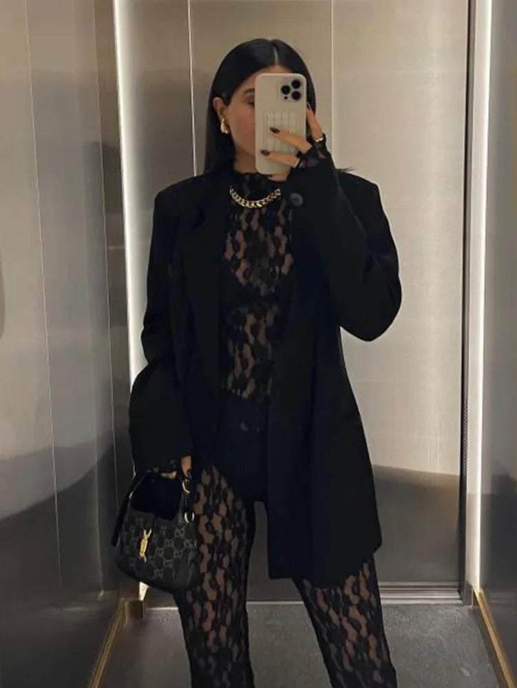 חליפת תחרה שני חלקים בגד גוף ומכנסיים ארוכים - מנור