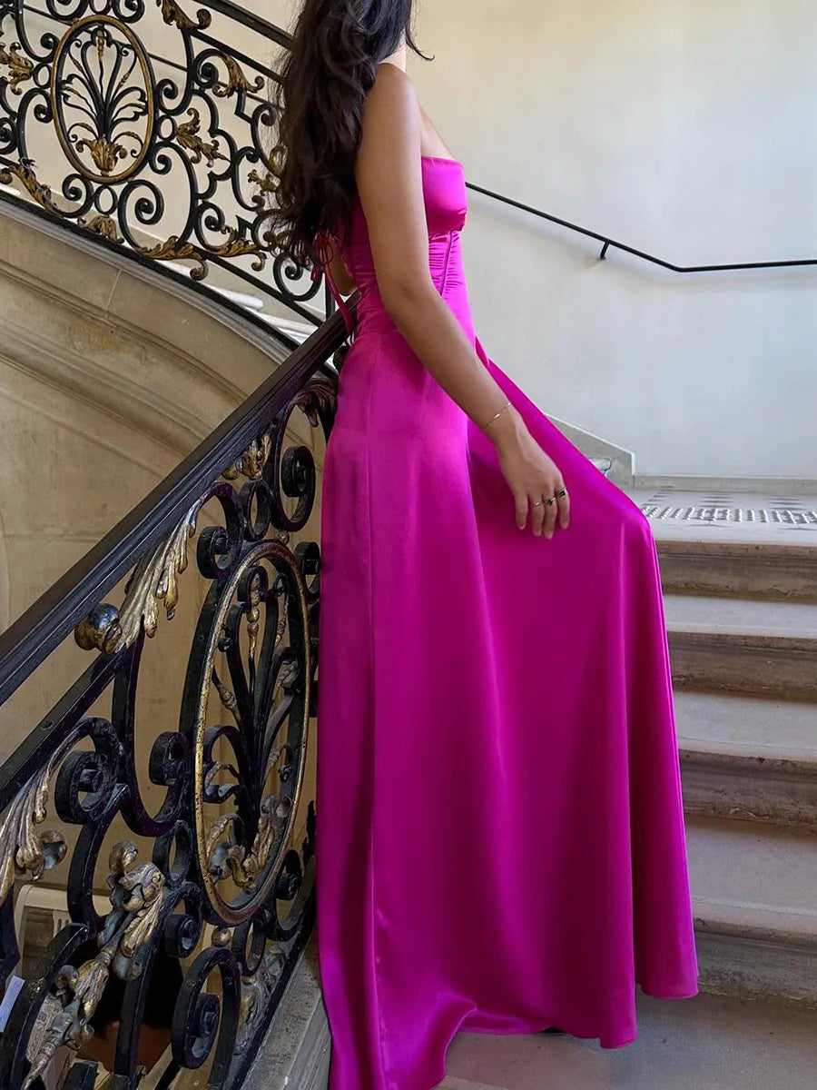 שמלת מקסי סאטן קשירה בגב להצמדה במותן - Lilia