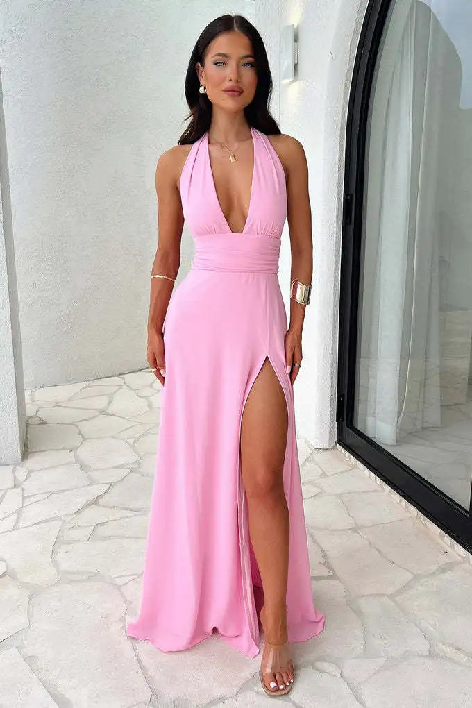 שמלת מקסי מחשוף V שסע עמוק קשירה בגב פתוח - לריאן