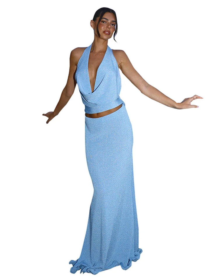 Two-piece set in a flowing fabric design, a drop-neck top with an open back and a maxi skirt - Scarlet