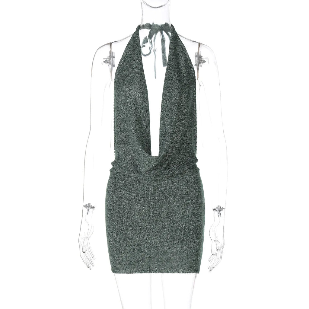 שמלת מיני סרוגה נצנצים צווארון נופל גב פתוח - קסם