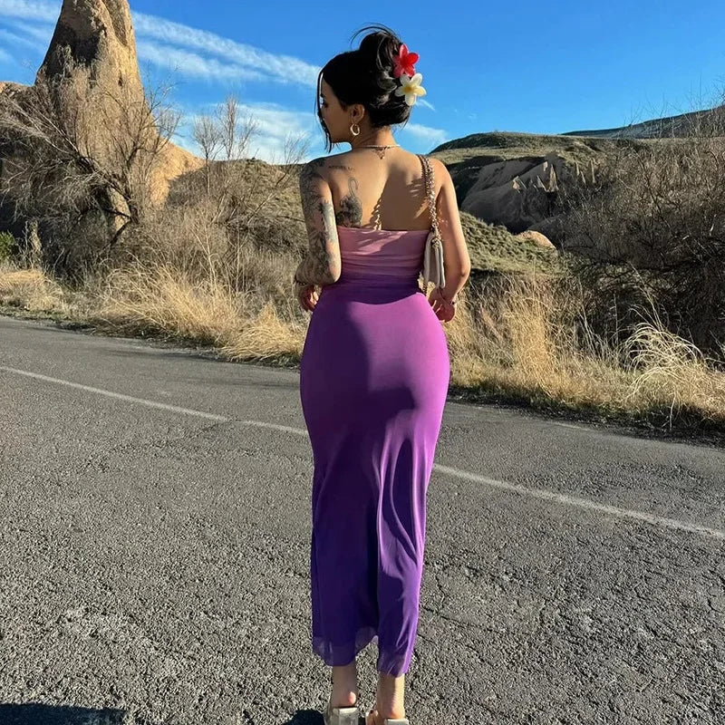 שמלת מקסי סטרפלס כיווצים בעיצוב אומברה - פרפל