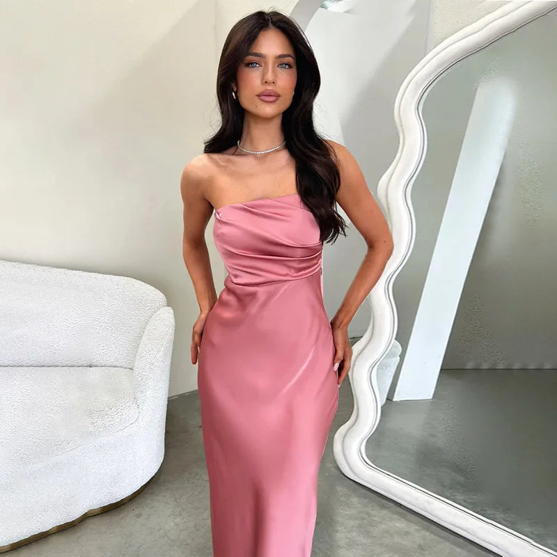 שמלת מקסי סטרפלס סאטן בעיצוב קיפולים - רוזה