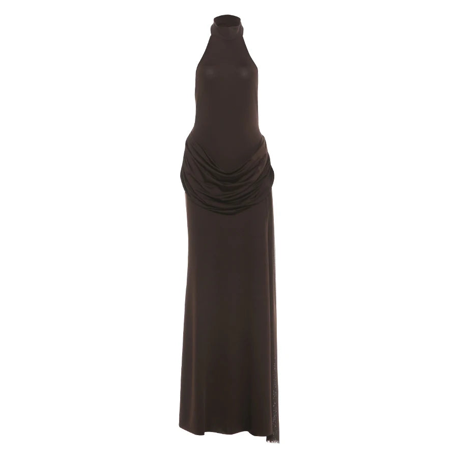 Open-back collar maxi dress with pleats and slit design - Bianca