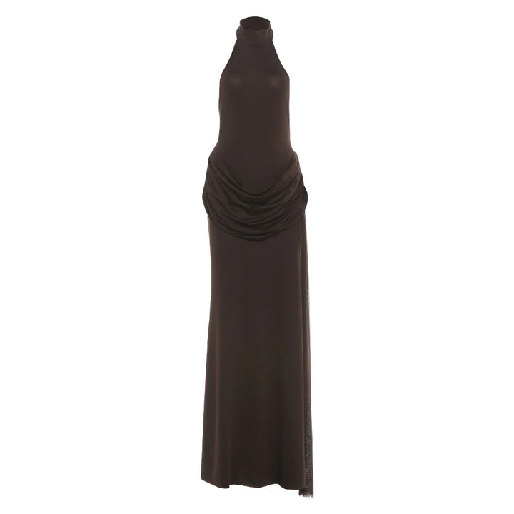 Open-back collar maxi dress with pleats and slit design - Bianca