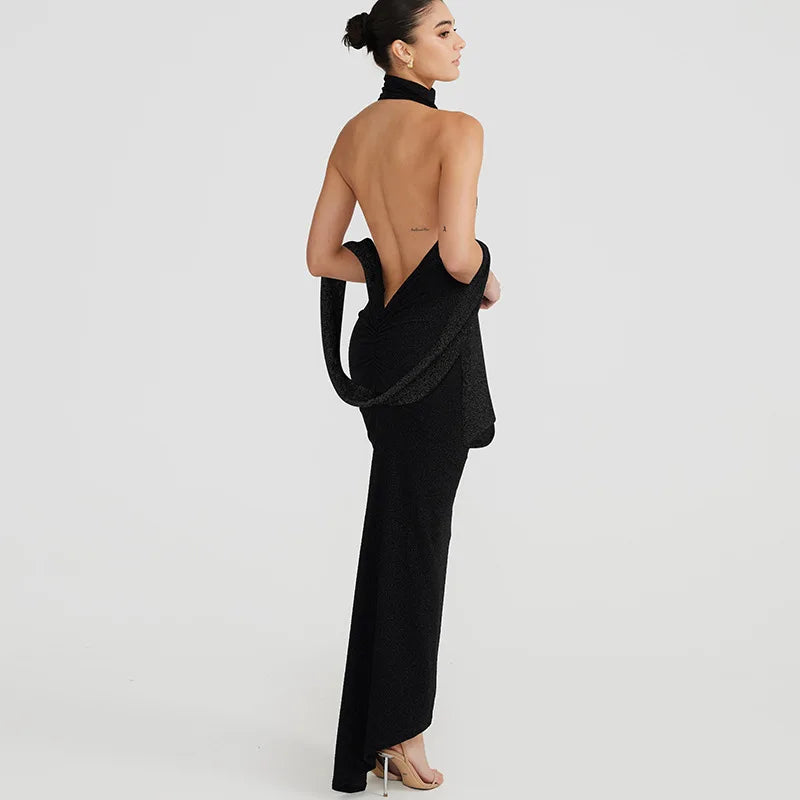 שמלת מקסי נצנצים צמודה בגזרת גולף גב פתוח בעיטור צעיף תואם - מילגרוס